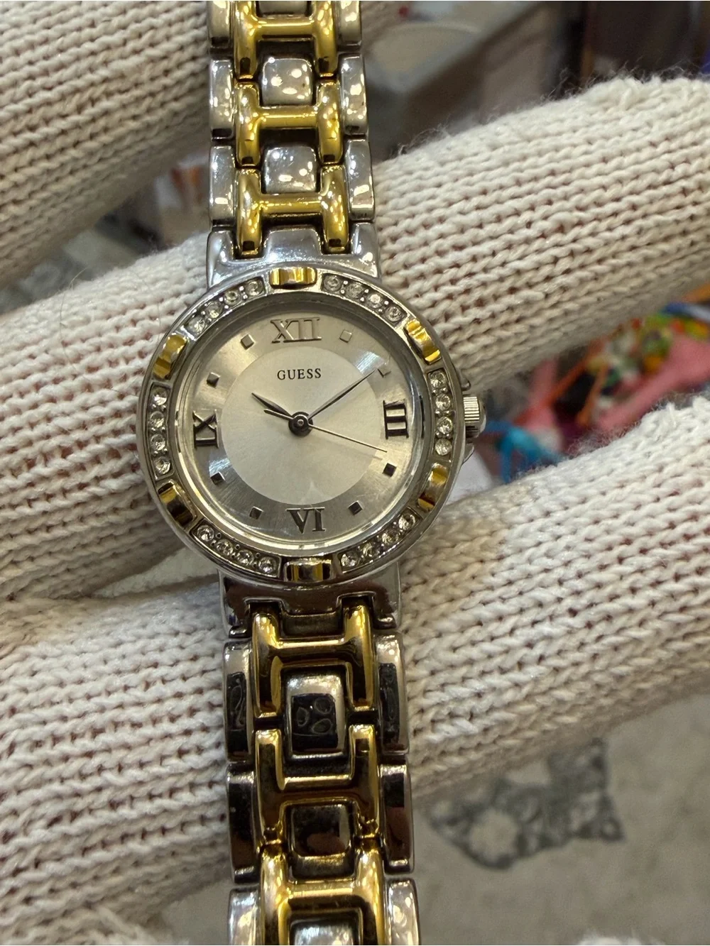 Guess Women's Two-Tone Crystal Bezel Watch Silver Dial Roman Numerals G75479L